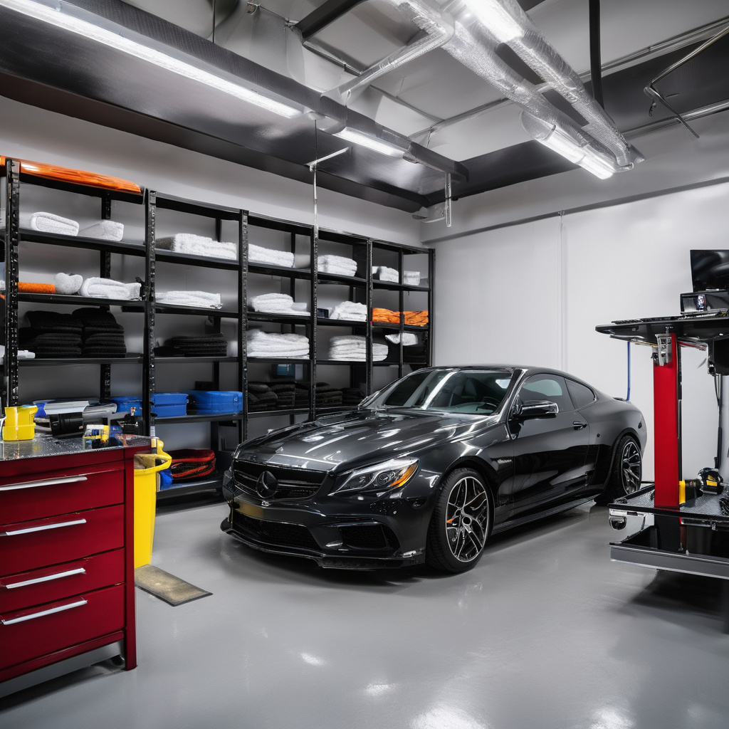 Professional automotive detailing facility with organized workspace and quality equipment