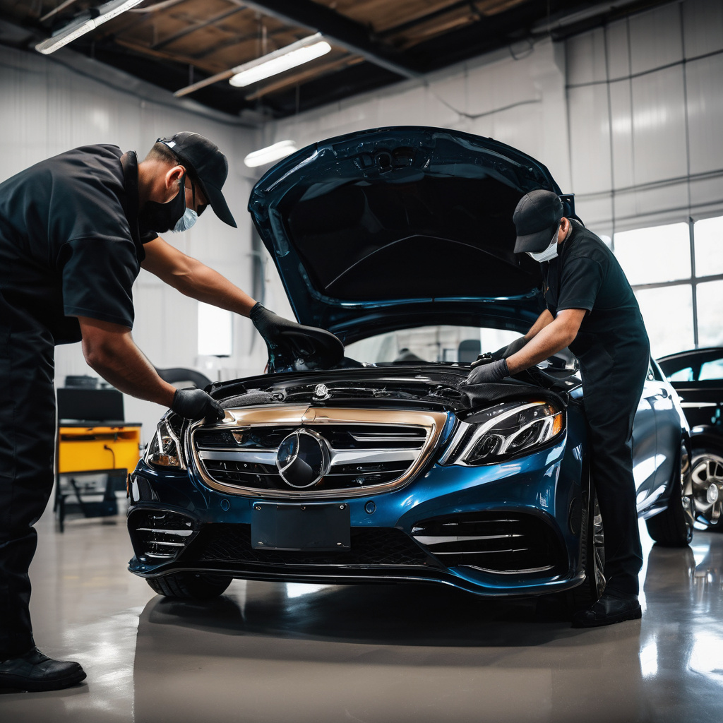 Professional automotive detailing team at work on luxury vehicle in bright workshop