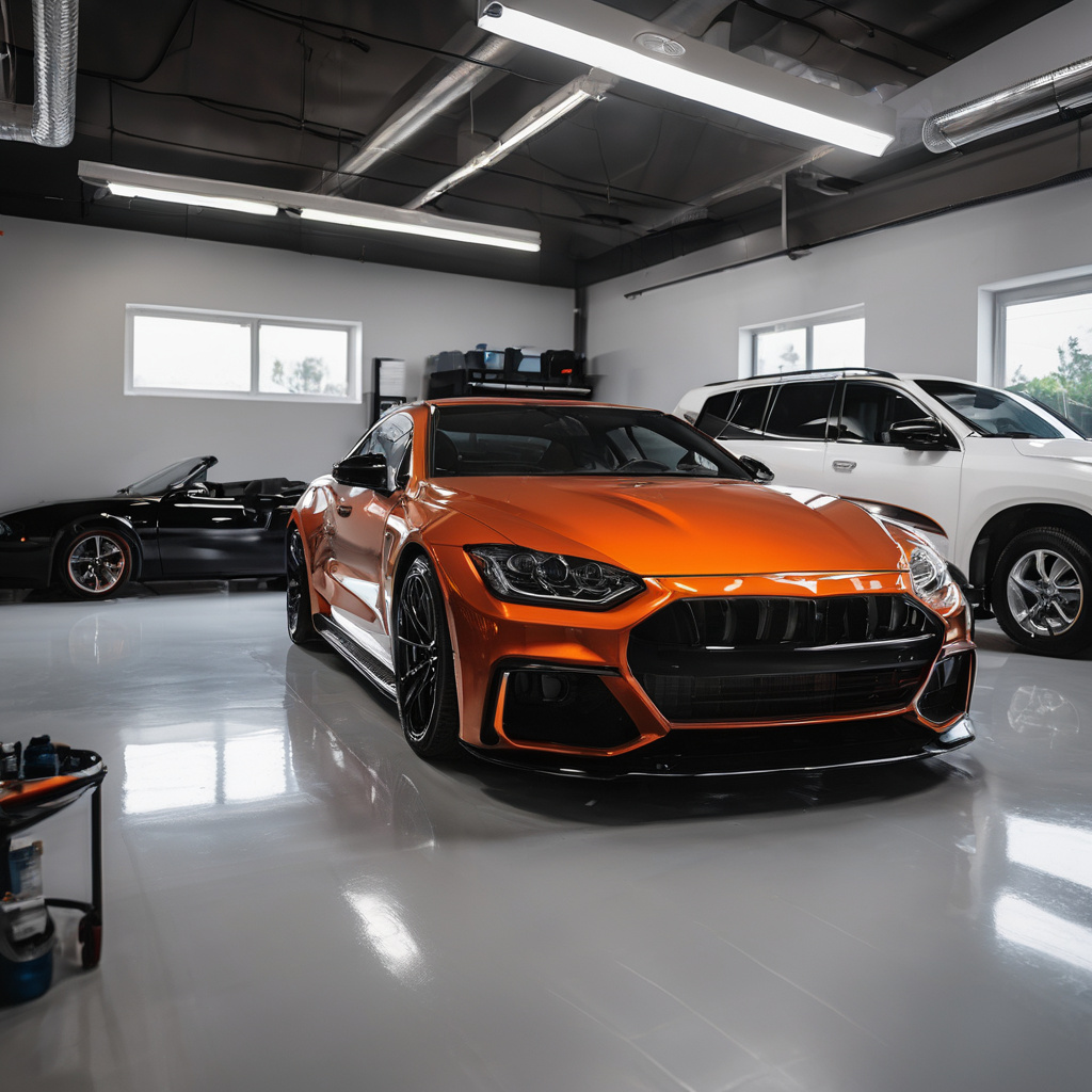 Modern automotive detailing workshop interior with organized workstations and professional lighting
